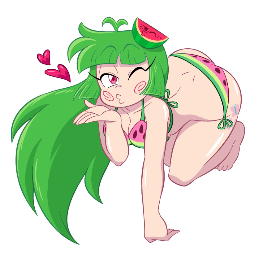 5_fingers :3 ass barefoot bikini bikini_bottom bikini_top blowing_kiss breasts cleavage davidbaronart eye_closed feet female goopbloop goopygear green_hair heart kissy_face long_hair one_eye_closed red_eyes tattoo vannamelon vannamelon_(copyright) virtual_youtuber watermelon_bikini white_background