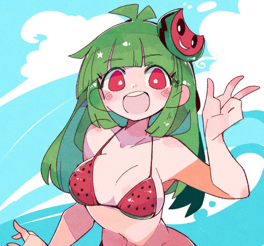 bikini bikini_top blue_sky breasts clothing cloud clouds female green_hair happy human long_hair massakasama open_mouth pale_skin red_eyes swimwear tagme vannamelon vannamelon_(copyright) watermelon_bikini