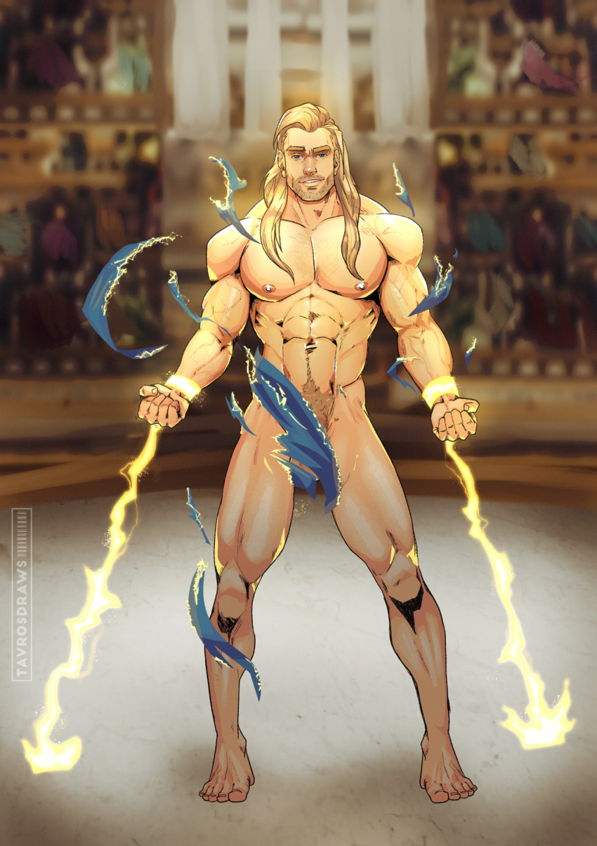 1boy bondage bound covered_crotch human human_only light-skinned_male light_skin lightning long_hair looking_at_viewer male_only marvel marvel_cinematic_universe muscular muscular_male ripped_clothes tavrosdraws thor:_love_and_thunder thor_(marvel) thor_(series) tied_up you_flicked_too_hard_dammit