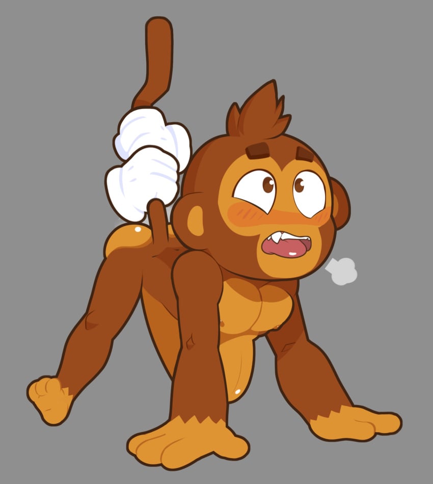 absurd_res bloons_tower_defense dart_monkey embarrassed gay haplorhine hi_res male male/male male_only mammal monkey muscular muscular_male ninja_kiwi palchamon primate simple_background solo stomach_bulge tail_grab yaoi