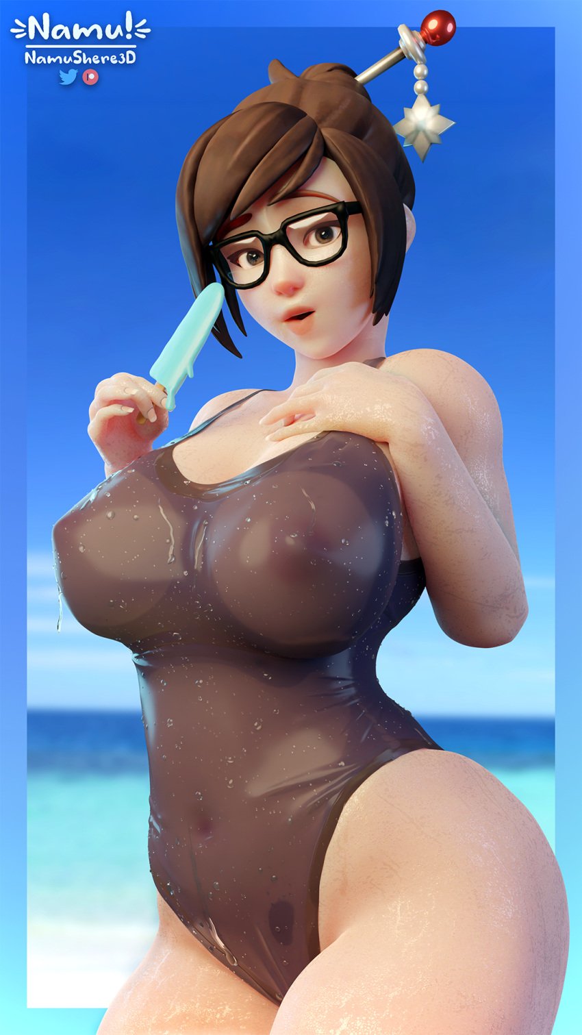 3d areolae asian beach big_breasts bing_chilling blue_background brown_eyes brown_hair confused eyewear french_nails glasses ice_cream looking_at_viewer mei_(overwatch) namushere3d nipples_visible_through_clothing ocean one-piece_swimsuit overwatch overwatch_2 see-through_clothing standing swimsuit tagme water water_drop wet wet_clothes wet_skin