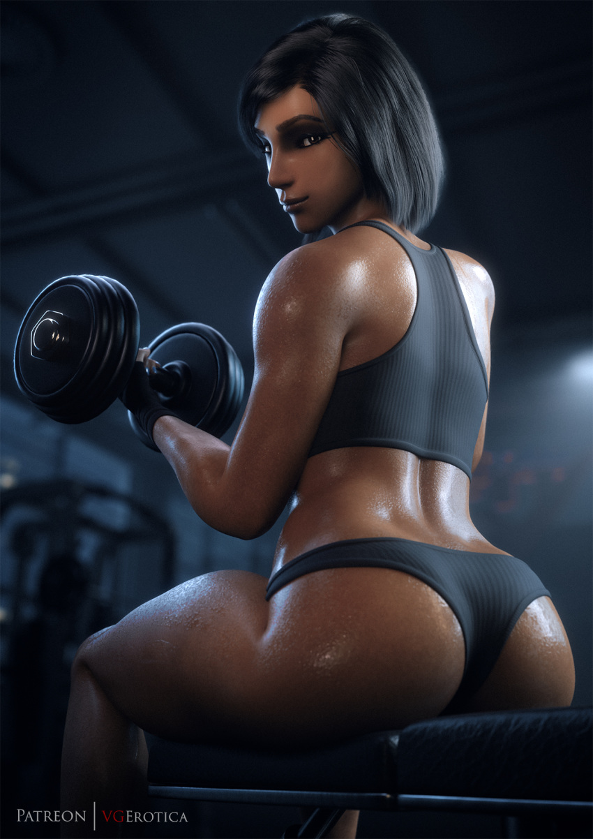 1girls 3d ass black_hair blender blizzard_entertainment bottomwear clothed clothing dark-skinned_female dark_skin dumbbell egyptian egyptian_female female female_focus female_only gym gym_clothes gym_shorts gym_storeroom looking_at_viewer looking_back overwatch overwatch_2 pharah sitting solo sweat sweatdrop sweating tank_top thick_ass thick_thighs topwear vgerotica watermark workout