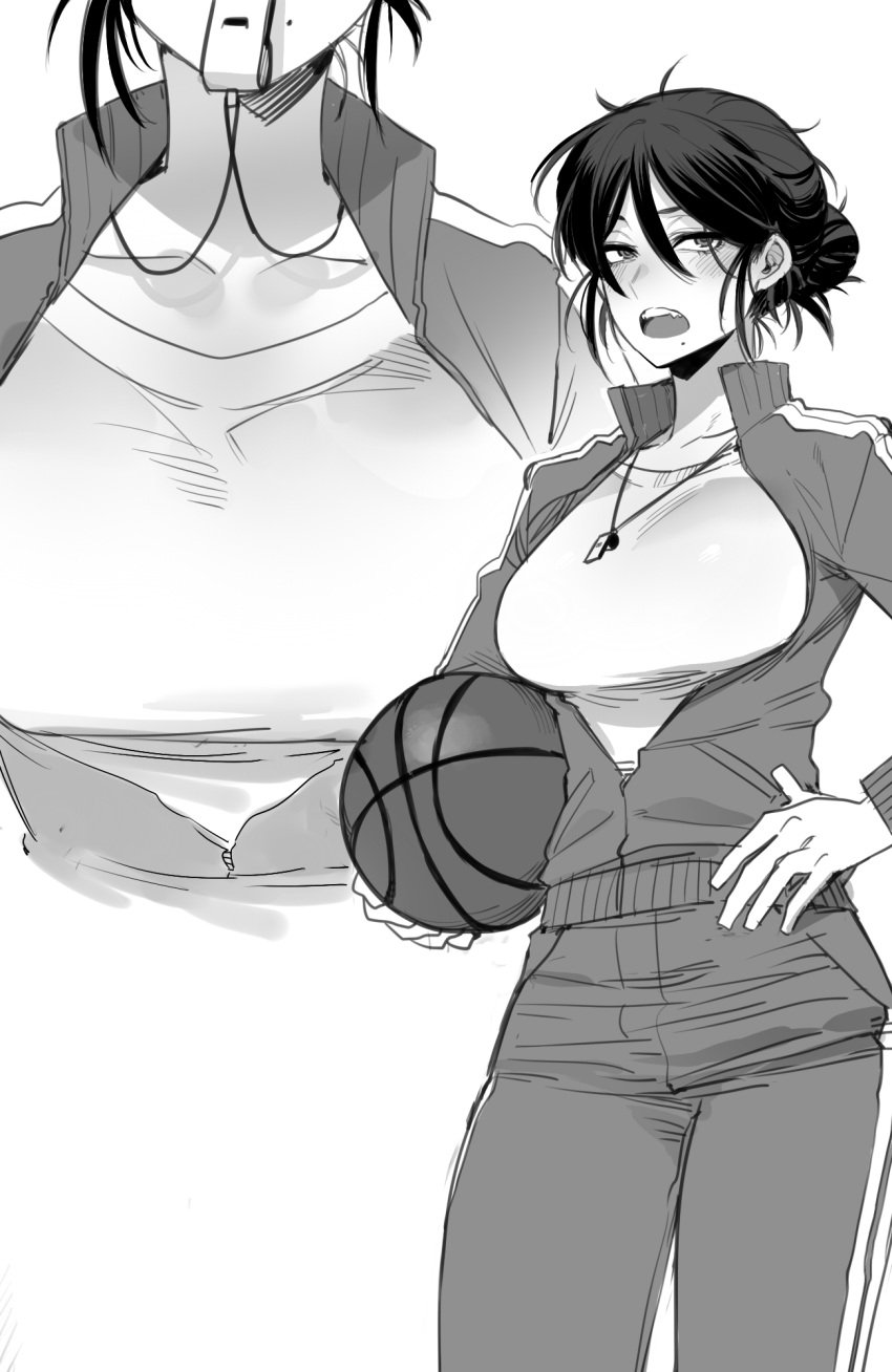 2d 2d_(artwork) 2d_artwork basketball basketball_uniform big_breasts black_hair blowing_whistle coach female female_focus female_only gym_clothes gym_uniform hair_bun hand_on_hip hi_res high_resolution highres holding_basketball holding_object mole mole_under_mouth ratatatat74 solo solo_female solo_focus tomboy track_suit unzipped_jacket whistle whistle_around_neck white_background