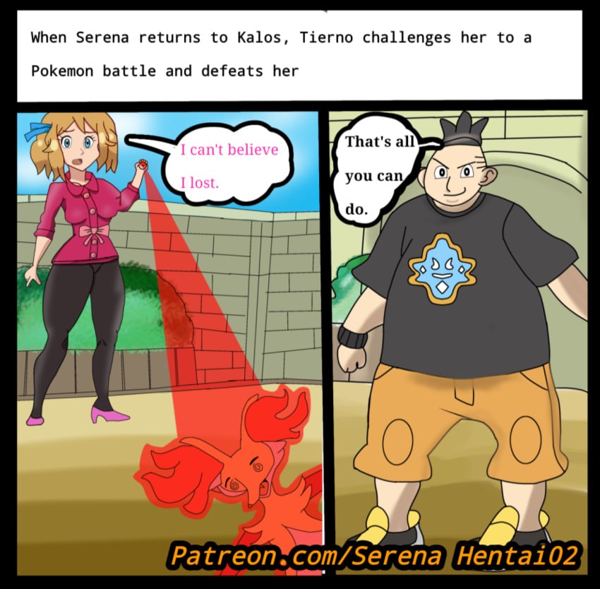 blacked_out defeated leggings open_mouth pokemon pokemon_xy serena_(pokemon) speech_bubble tierno_(pokemon)