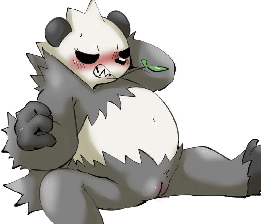 anthro belly black_body black_fur blush bodily_fluids chubby_female cleft_of_venus doneru fangs female fur generation_6_pokemon genitals multicolored_body nintendo pangoro pokémon_(species) pokemon pokemon_(species) pussy simple_background sitting solo spread_legs spreading sweat video_games white_background white_body white_fur