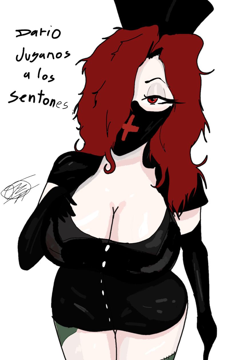 big_breasts breasts clothed clothing creepypasta dario_loco_ female gloves huge_breasts nurse nurse_ann red_eyes red_hair solo spanish_text text