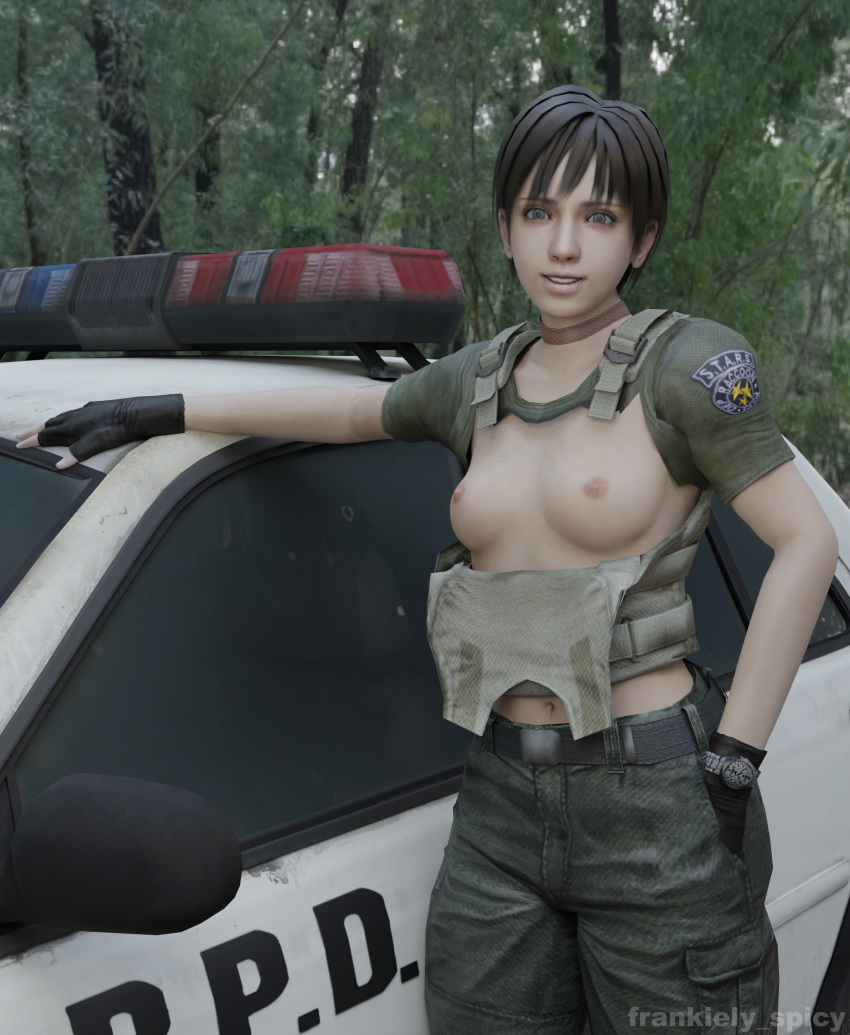 3d blender blue_eyes breasts breasts breasts_out capcom frankiely_spicy nude nude_female pale-skinned_female pinup police police_uniform policewoman rebecca_chambers resident_evil resident_evil_0 resident_evil_5 tactical_nudity