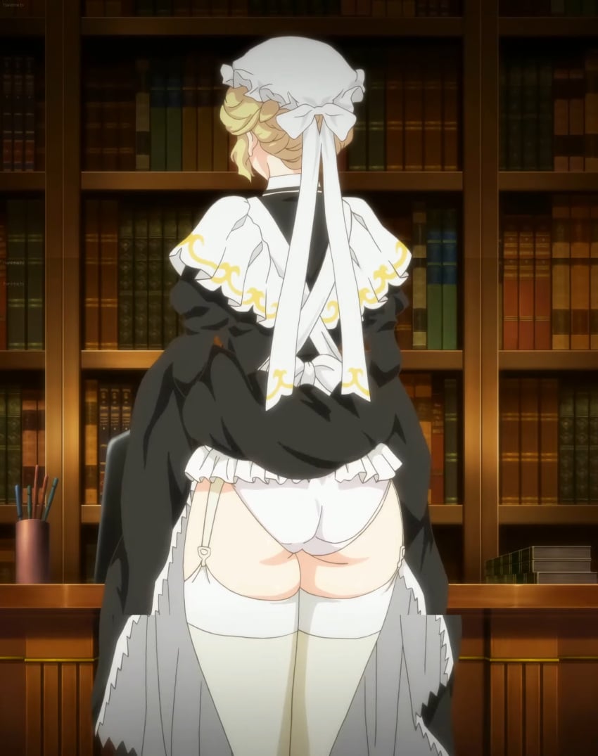 1girls ass big_ass blonde_hair bubble_butt clothes_lift dat_ass dress dress_lift female female_only from_behind garter_straps highres legs library lifted_by_self maid maria_(victoria_maid_maria_no_hoshi) mature_female milf panties screencap screenshot short_hair solo stitched thick_thighs thighs third-party_edit toranoana underwear victoria_maid_maria_no_hoshi voluptuous white_panties