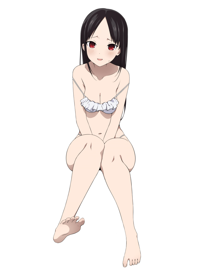 1girls accurate_art_style alternate_hairstyle bare_shoulders barefoot belly bikini black_hair blush bra cleavage coro_fae embarrassed feet female female_only frilled_bikini hair_down highres kaguya-sama_wa_kokurasetai_~tensai-tachi_no_renai_zunousen~ knees knees_together_feet_apart legs light-skinned_female long_hair looking_at_viewer midriff navel nervous_smile official_style open_mouth panties red_eyes shinomiya_kaguya shy sitting smile solo stomach sweatdrop swimsuit swinging_legs underwear white_background white_bikini white_bra white_swimsuit white_underwear