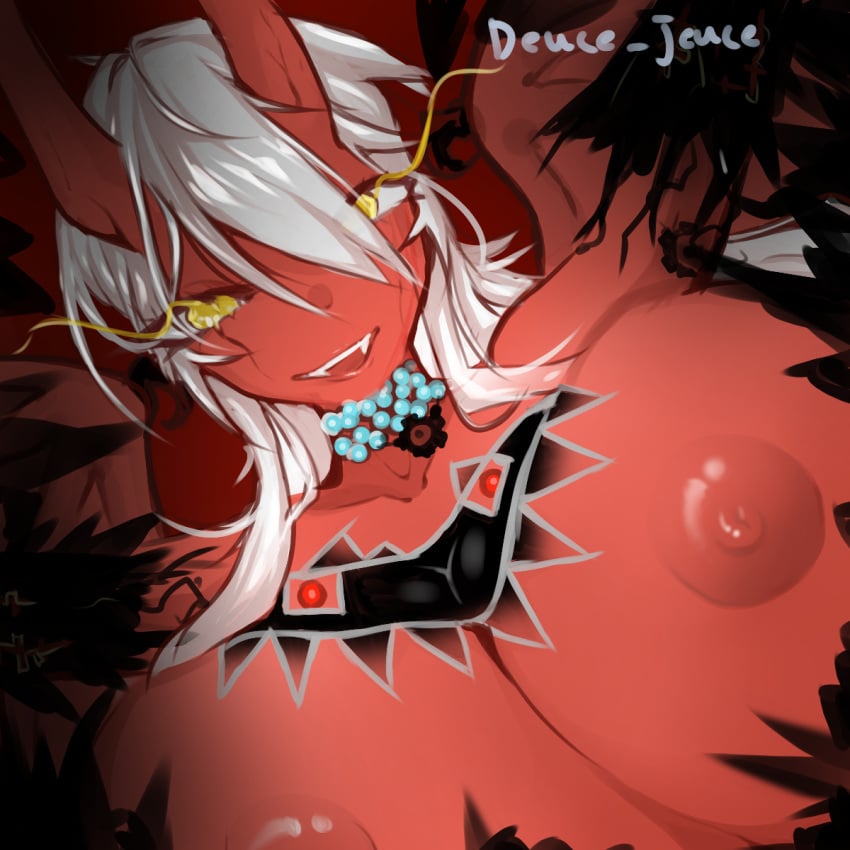 cyclea demon demon_girl demon_horns extreme_demon geometry_dash huge_breasts large_breasts red_skin tagme tartarus_(geometry_dash) white_hair