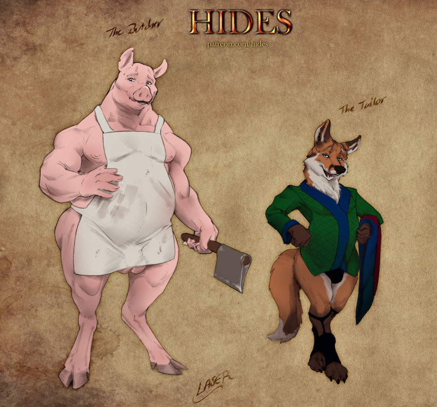 anthro apron blue_eyes brown_body brown_fur bulge butcher butcher_knife canid canine clothed clothing digitigrade domestic_pig duo fox fur green_clothing green_topwear hooves laser laser_(artist) legwear looking_at_viewer male male_only mammal narrowed_eyes open_mouth pink_balls pink_body signature simple_background standing suid suina sus_(pig) topwear white_body white_fur