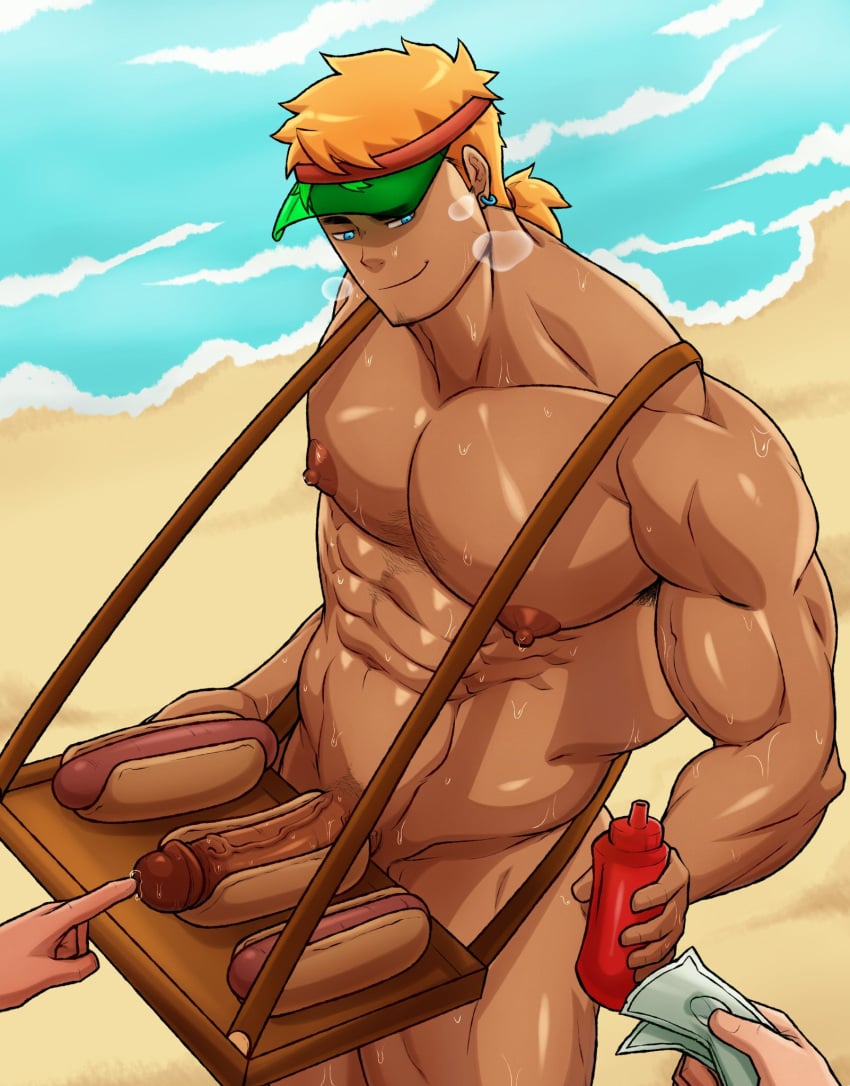 3boys baobaoart bara beach blonde_hair blue_eyes brawl_stars buster_(brawl_stars) erect erect_penis erection food food_play gay hot_dog ketchup_bottle male male_focus male_only money muscular muscular_male nipples penis penis_hot_dog puffy_nipples serving_cock solo solo_male veiny_penis