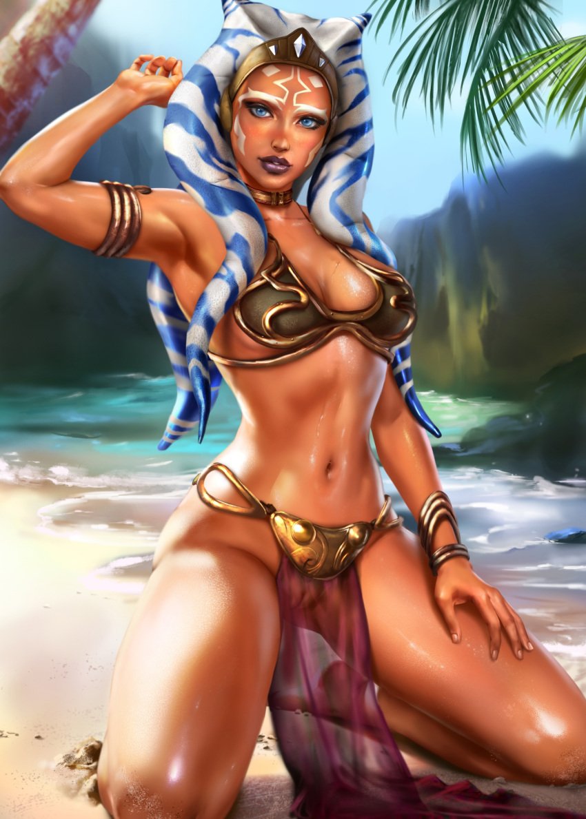 1girls ahsoka_tano alien alien_girl alternate_version_available armlet athletic_female beach belly_dancer belly_dancer_outfit blue_eyes bracelet cleavage femsub harem_girl harem_outfit jedi kneeling large_breasts logan_cure loincloth looking_at_viewer orange_skin pussy seaside see-through_loincloth slave slave_ahsoka slave_bikini slave_collar slave_leia_(cosplay) slave_outfit slavegirl star_wars star_wars_rebels submissive_female togruta