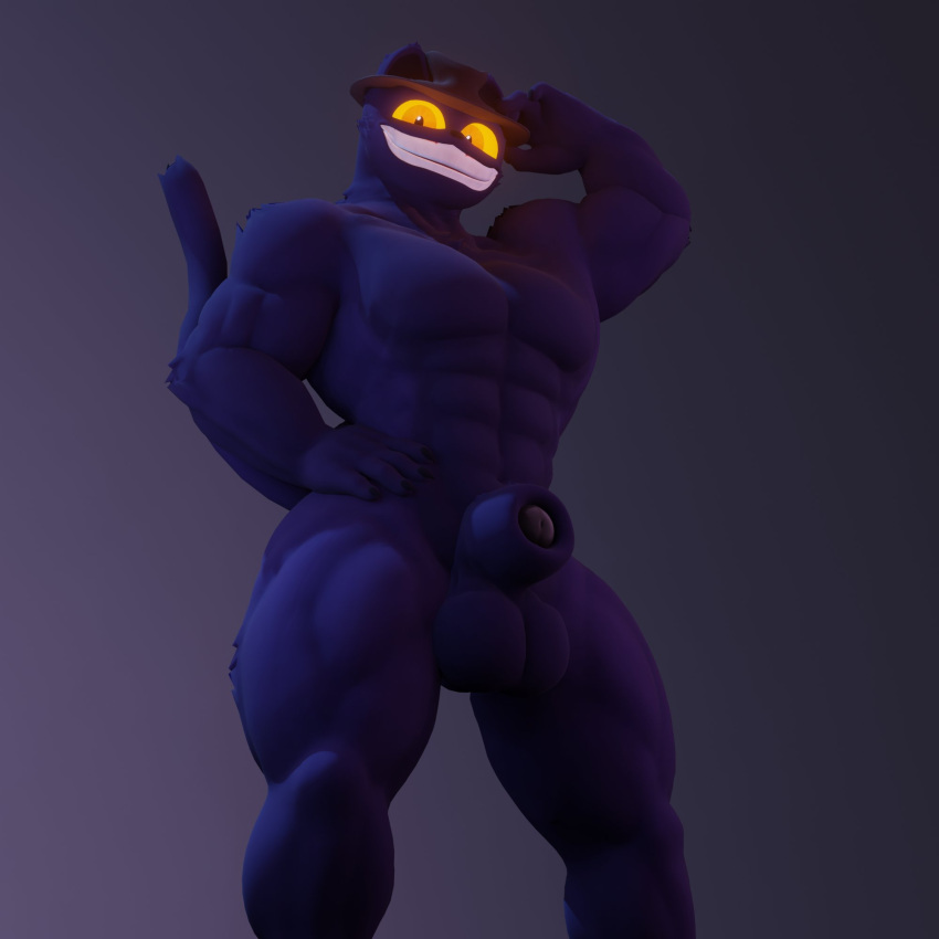 3d 3d_(artwork) anthro anxiboi balls big_penis cat_ears cat_eyes cat_tail claws fedora feline furry furry_ears genitals halloween hat hi_res male male_only muscular norman_(anxiousanxiety) orange_eyes penis pose posing purple_fur sheath smile smiling solo tagme tail