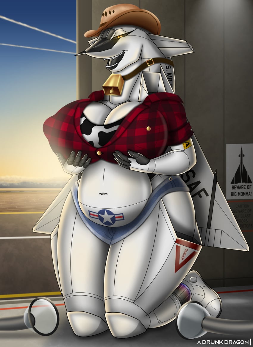 a_drunk_dragon aeromorph aircraft big_breasts booty_shorts cow_print cowbell cowboy_hat fuel hangar holding_breast living_aircraft living_machine milking_machine thick_thighs xb-70_valkyrie