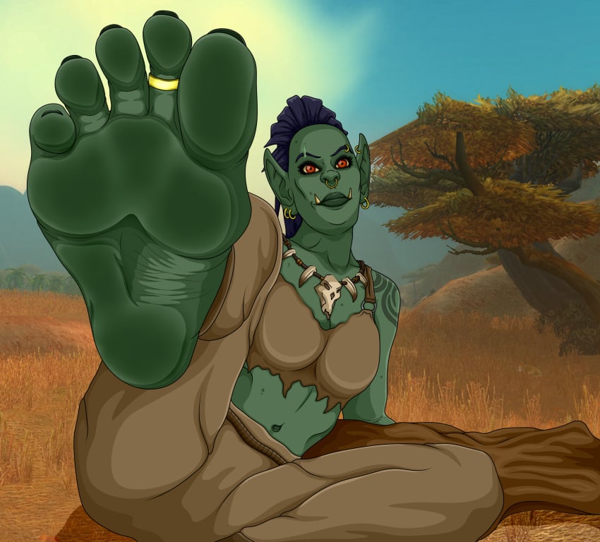 1girls barefoot blizzard_entertainment blue_hair breasts feet feetartist female female_focus female_only fetish foot_fetish foot_focus green_skin legs_up legwear necklace orc orc_female ponytail red_eyes scar sitting soles solo solo_female solo_focus tattoo tattoos toe_ring toes warcraft world_of_warcraft