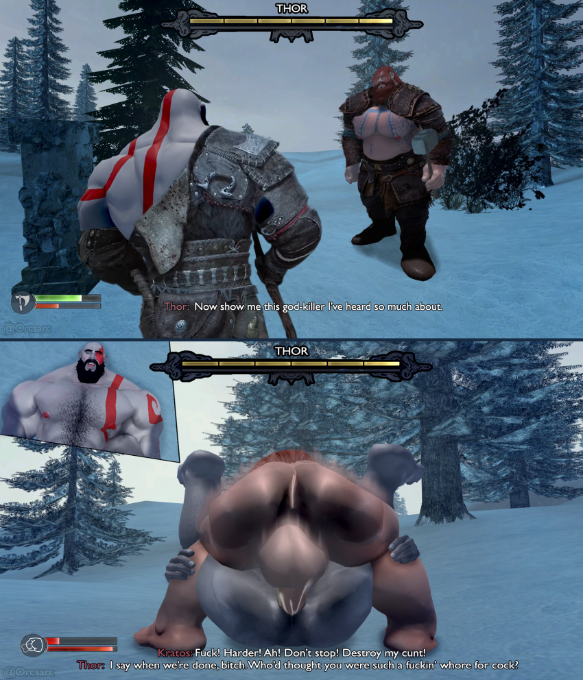 3d aesir_(norse_mythology) anal anal_sex bara big_balls cum cum_inside gameplay_mechanics gay god_of_war instant_loss_2koma kratos male/male male_only mating_press muscular_male nude orcsarc sony_corporation sony_interactive_entertainment thor_(god_of_war)