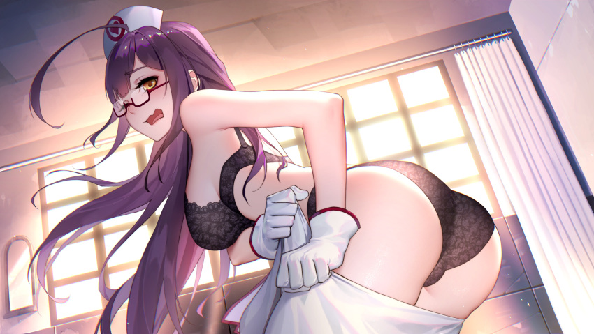 1girls ass bending_forward bending_over black_bra black_panties blush blush_lines blushing_at_viewer bra breasts daye_bie_qia_lian female female_focus female_only from_behind glasses gloves hat hi_res high_resolution highres leaning_forward light-skinned_female light_skin long_hair looking_at_viewer medium_breasts nurse nurse_cap nurse_uniform open_mouth panties purple_hair romantic_saga_of_beauty_&_devil shiny shiny_clothes shiny_hair shiny_skin solo solo_female solo_focus tongue underwear white_gloves yellow_eyes