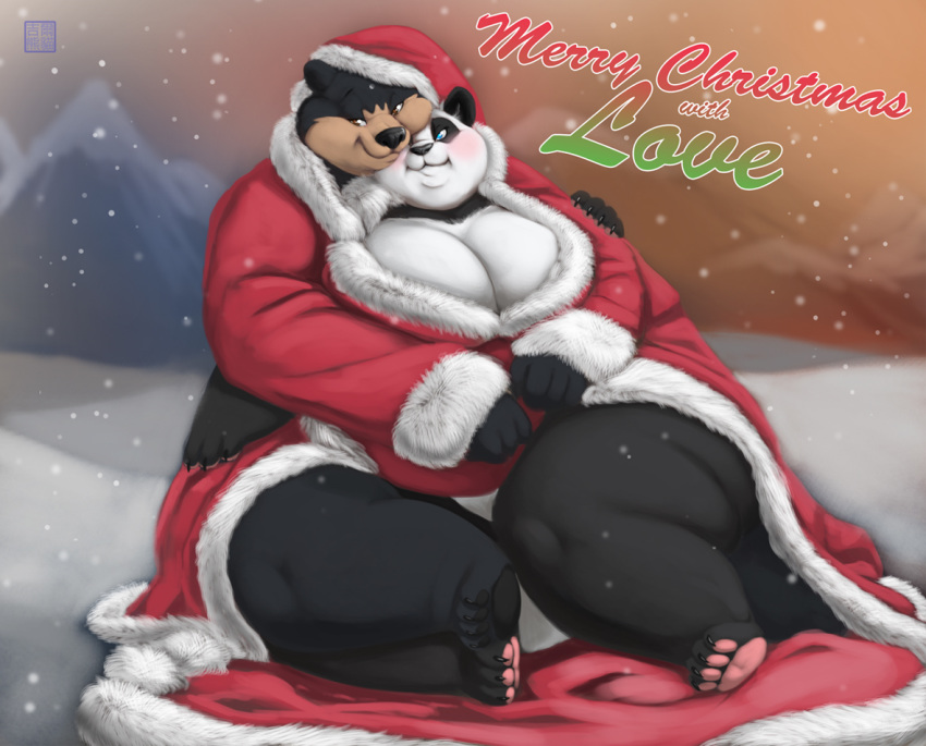 1boy 1girls anthro bear christmas cleavage couple cute duo english_text fat female furry furry_only gillpanda gillpanda_(character) holidays male obese panda santa_costume sitting snow straight text