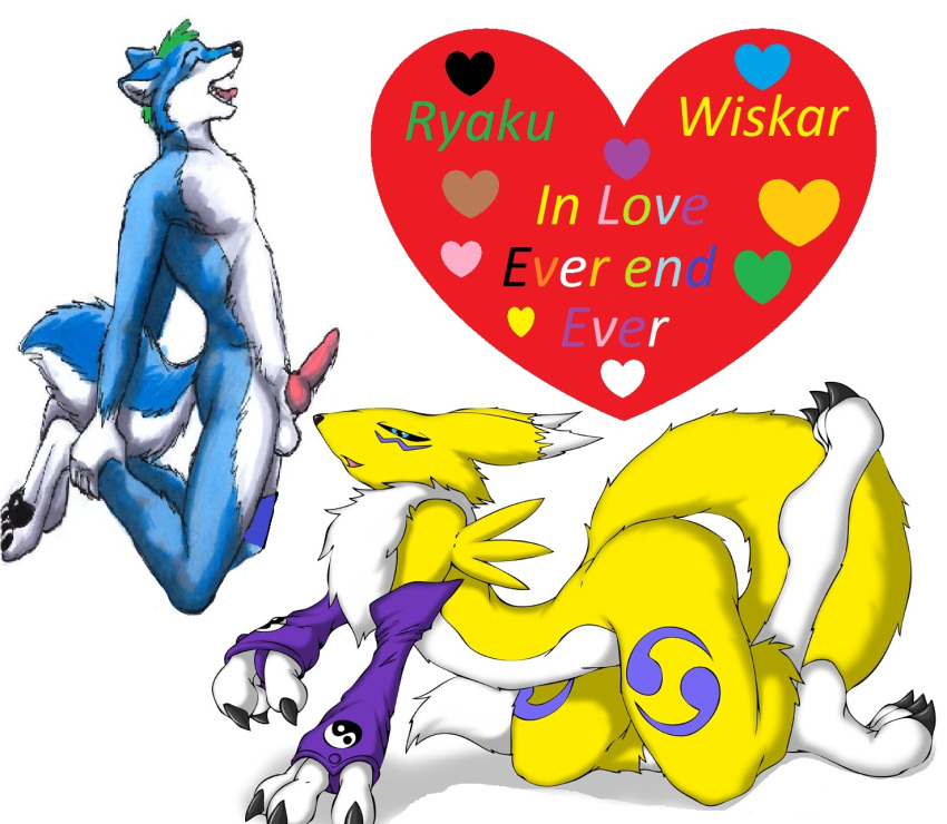 2boys anthro blue canine digimon erection fox fur furry green_hair husky male male_only original_character penis renamon wiskar