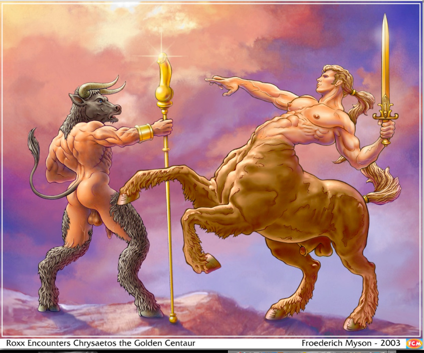 2003 ass asterion asterius balls bovine centaur dildo_staff equine erect_nipples flaccid flaccid_penis froederich_myson greek_mythology hooves horns_and_hooves horse long_hair male male_only minotaur monster_boy multiple_boys penis rearing sword taur tied_hair uncensored weapon