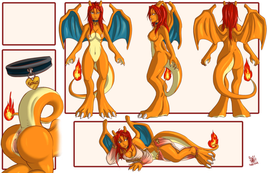 2011 anthro anus ass blue_eyes breasts charizard cleavage collar dragon fatalis female fire horns model_sheet navel nintendo nipples nude on_side pokemon pokemon_(species) pokemorph pussy raised_tail red_hair shalinka skimpy solo tail wings