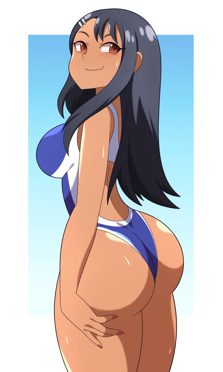 1girls abysswatchers alternate_breast_size ass black_hair breasts brown_eyes bubble_butt clothed clothing competition_swimsuit female female_only hayase_nagatoro hi_res huge_ass long_hair medium_breasts one-piece_swimsuit please_don't_bully_me,_nagatoro revealing_clothes smile solo swimsuit tan tan-skinned_female tanned_skin thick_thighs thighs