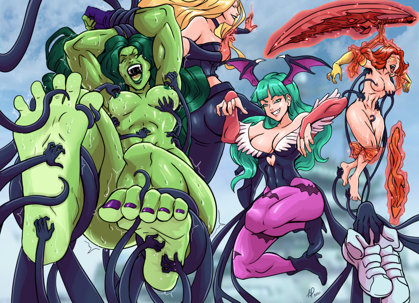 4girls alternate_version_available bad_pierrot barefoot between_toes big_feet blonde_hair bondage breasts capcom clothing crossover darkstalkers devil_may_cry eastern_and_western_character feet female female_only green_skin jean_grey light_green_hair marvel marvel_comics marvel_vs._capcom medium_breasts morrigan_aensland multiple_girls muscular muscular_female nude phoenix_(x-men) purple_toenail_polish purple_toenails red_hair she-hulk shoes_removed small_breasts socks_removed soles spandex spread_toes tentacle_between_toes tentacles tickle_torture tickling toenail_polish toes trish_(devil_may_cry) umojar x-men