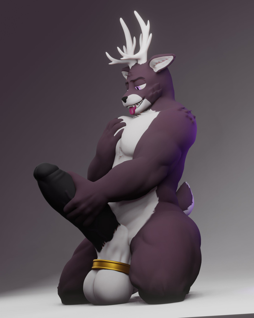 3d 3d_(artwork) anthro antlers anxiousanxiety balls big_penis cock_ring deer ear_piercing furry furry_ears gay genitals gold grabbing grabbing_penis hi_res hooves horny huge_cock in_heat male male_only muscular on_knees pecs penis pent_up piercing purple_eyes reno_(anxiousanxiety) tagme tongue tongue_out