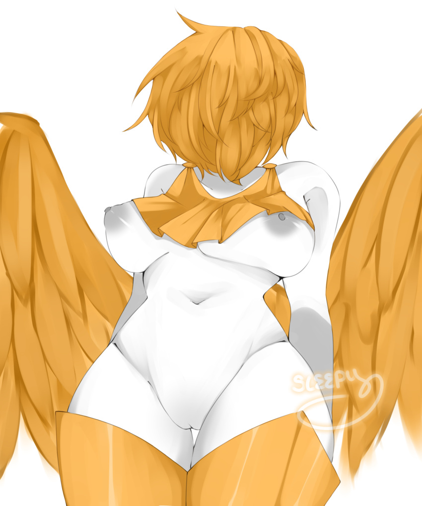 1girls angel angel_(deepwoken) boots deepwoken gold_hair grey_nipples hair_over_eyes hair_over_face roblox roblox_game sleepy_microwave tagme watermark white_skin wings