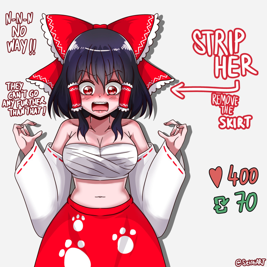 ! !! 5_fingers arrow_(symbol) artist_name bandaged_chest bare_shoulders black_hair blush breasts chest_wraps cleavage detached_sleeves dialogue english_text female fingernails fingers green_text heart heart_icon looking_down nails number numbers open_mouth red_eyes red_text reimu_hakurei retweet_icon seireiart skirt strip_game text touhou twitter_strip_game_(meme) twitter_username