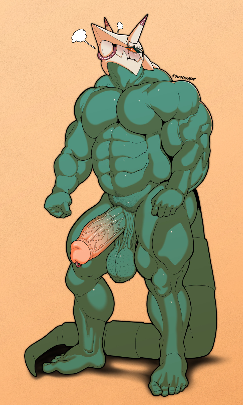 2022 3:5 absurd_res aggron angry anthro balls belly big_balls big_penis biped blush digital_media_(artwork) erection eye_scar facial_piercing facial_scar generation_3_pokemon genital_piercing genitals green_body guccigarf hi_res horn male male_only musclegut muscular muscular_male nintendo nose_piercing nose_ring nude penis piercing pokemon pokemon_(species) pubes ring_piercing saggy_balls scar shiny_aggron shiny_pokemon simple_background solo standing video_games