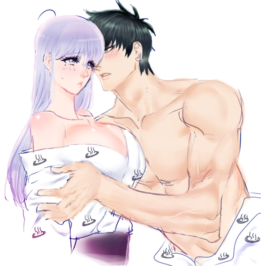 1boy 1girls alternate_costume bare_shoulders big_breasts blush cleavage colored_sketch crack_pairing embarrassed female gintama glasses_removed hijikata_toshiro kimono lavender_hair long_hair male marupo mole_under_eye muscular_male nervous off_shoulder open_kimono purple_eyes purple_hair sarutobi_ayame shy straight sweatdrop topless_male upper_body