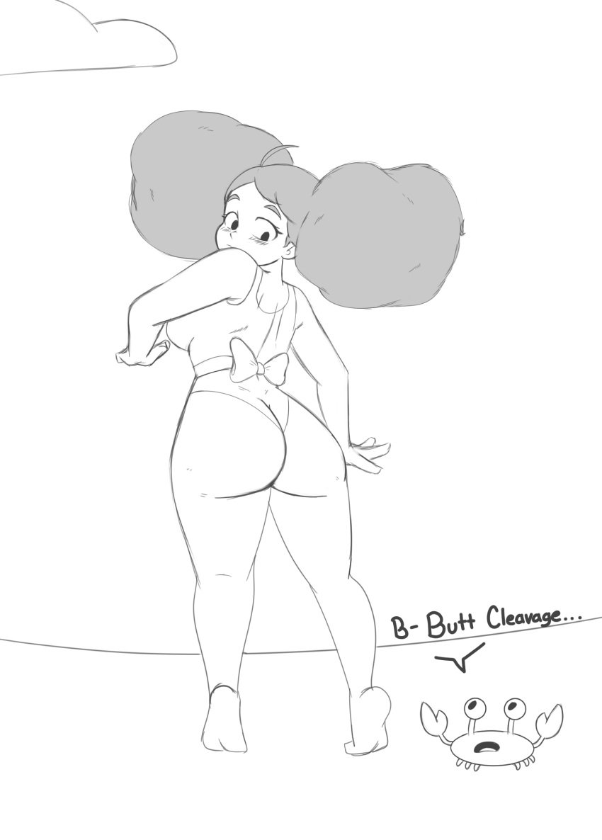 1girls beach bee_(bee_and_puppycat) bee_and_puppycat big_ass big_balls big_breasts crab feet female female_focus klassyarts_(artist) long_hair looking_back looking_behind no_color non-nude pig_tail puffy_hair sketch standing standing_on_tip_toes swimsuit tagme text