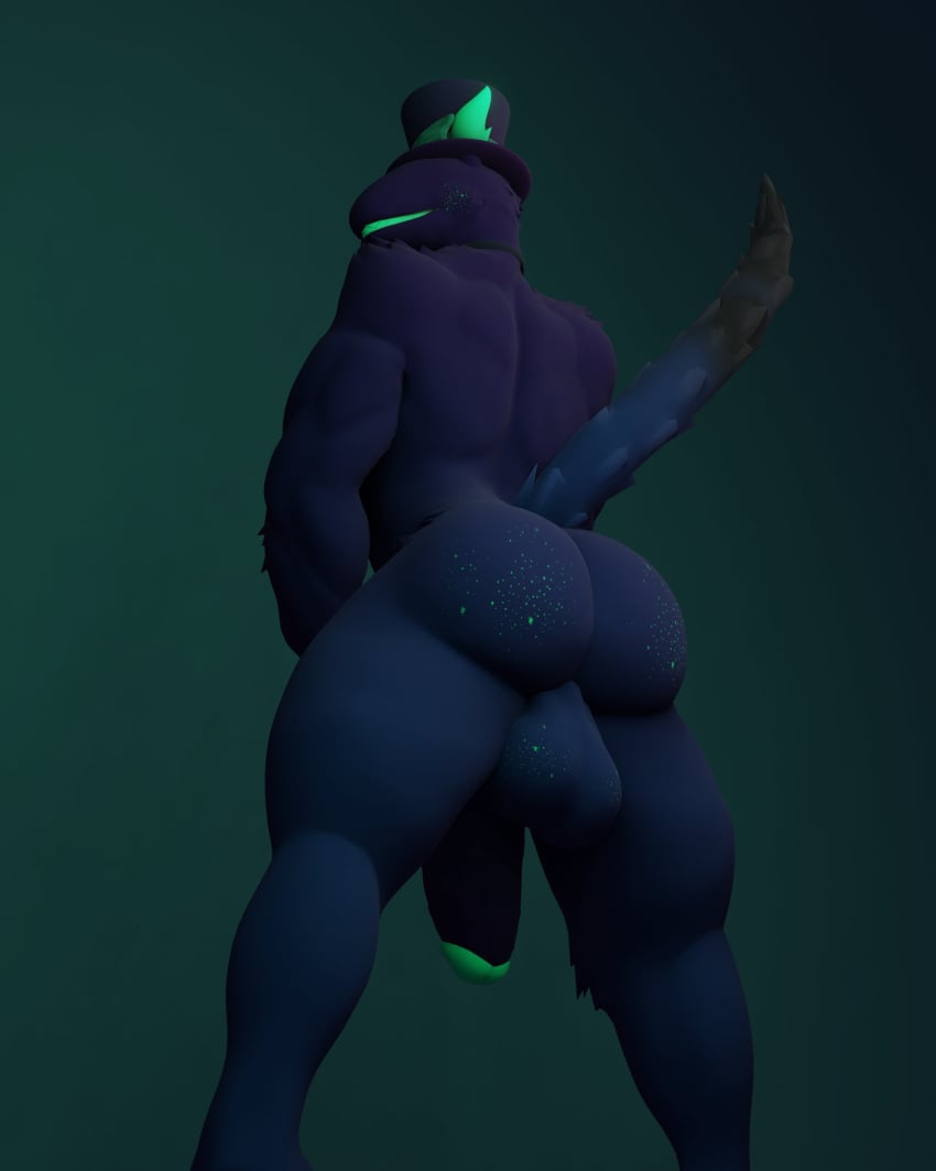 3d 3d_(artwork) anthro anxiboi ass ass_focus ateus_(anxiousanxiety) balls bowtie freckles furry furry_ears genitals hat hi_res looking_back magician male male_only monster muscular naked no_eyes penis sharp_teeth solo tagme tail tie top_hat veiny_penis