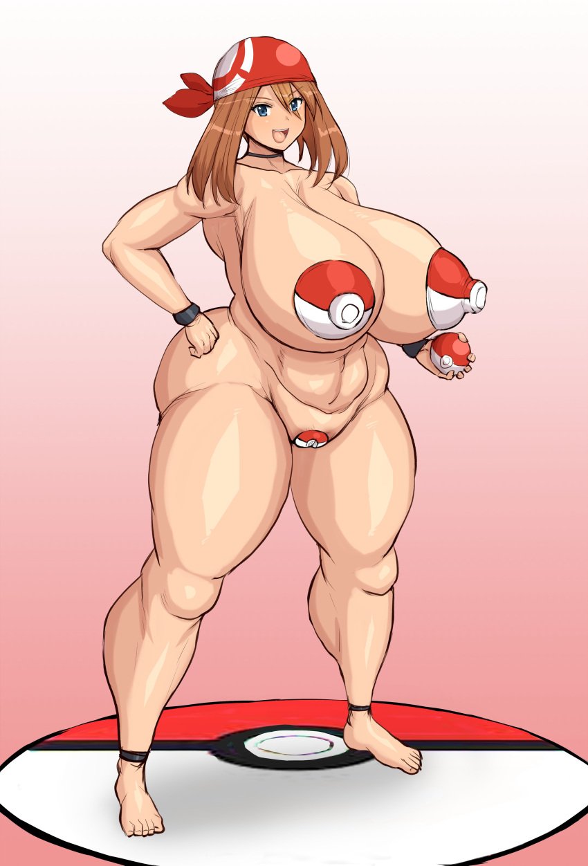 1girls 2020s 2022 2d 2d_(artwork) absurd_res absurdres ass big_breasts blue_eyes breasts brown_hair feet female female_focus female_only full_body game_freak hair hand_on_hip headband hips huge_breasts legs may_(pokemon) naked naked_female nude nude_female over_1080p over_480p pasties poke_ball_pasties pokeball pokemon pokemon_rse ponkotsuu solo solo_female solo_focus thick_thighs thighs venus_body