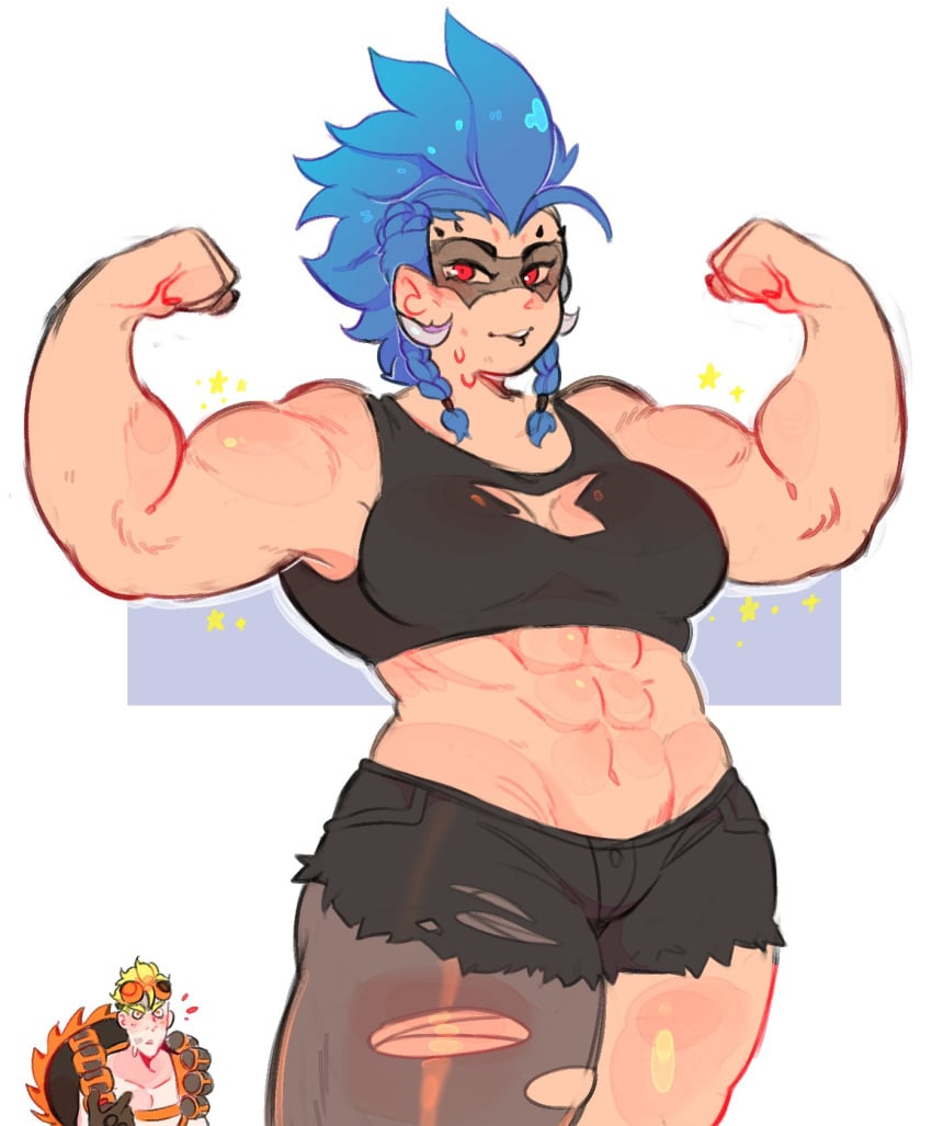 1boy 1girls 2d abs background_character blue_hair braided_hair character_in_background fauxhawk_(hairstyle) female female_focus flexing flexing_bicep hanaarts hi_res human junker_queen junkrat looking_at_viewer male muscles muscular muscular_female no_visible_genitalia one_thighhigh overwatch overwatch_2 red_eyes shorts thick_thighs topwear torn_thighhighs