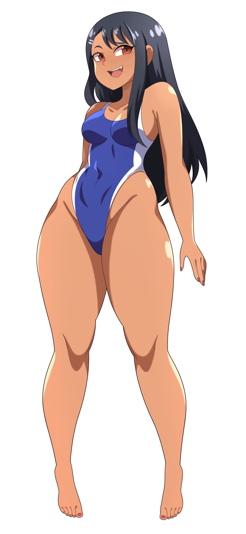 1girls abysswatchers alternate_breast_size alternate_version_available black_hair breasts brown_eyes clothed clothing competition_swimsuit female female_only full_body hayase_nagatoro hi_res long_hair medium_breasts one-piece_swimsuit please_don't_bully_me,_nagatoro revealing_clothes smile solo swimsuit tan tan-skinned_female tanned_skin thick_thighs thighs