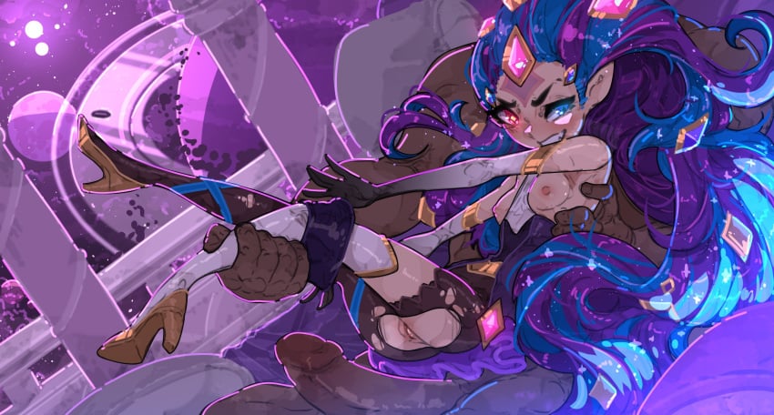 1boy blue_eyes blue_hair breasts breasts_out clenched_teeth elbow_gloves female gloves heterochromia high_heels highres imminent_penetration imminent_vaginal league_of_legends leg_grab legs_up multicolored_hair nipples penis planet pointy_ears purple_hair pussy red_eyes shuuko small_breasts star-shaped_pupils star_(symbol) star_guardian_(league_of_legends) star_guardian_series star_guardian_zoe symbol-shaped_pupils teeth thighhighs torn_clothes two-tone_hair zoe_(league_of_legends)