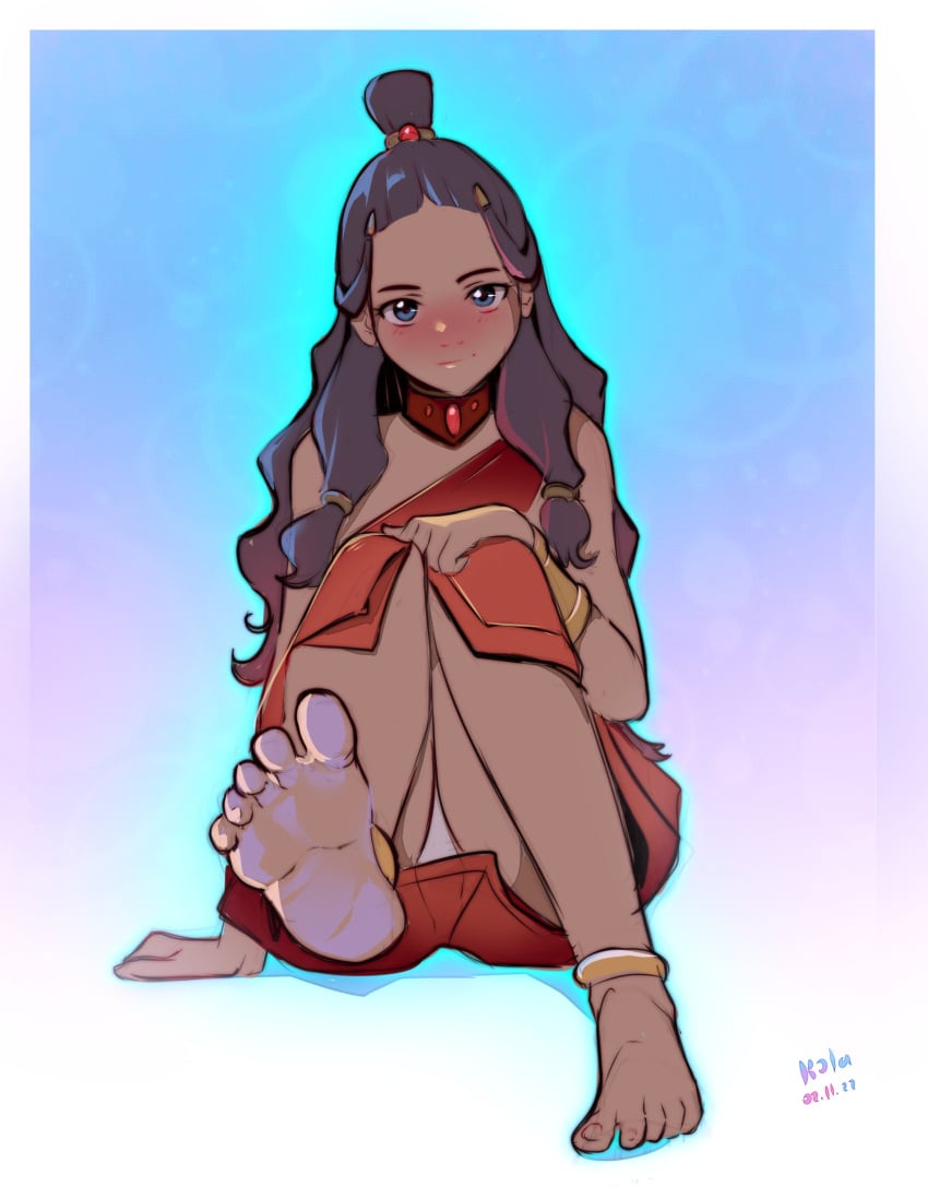 1girls avatar_the_last_airbender barefoot black_hair blush clothing dark_skin feet female foot_fetish katara kola411 panties soles