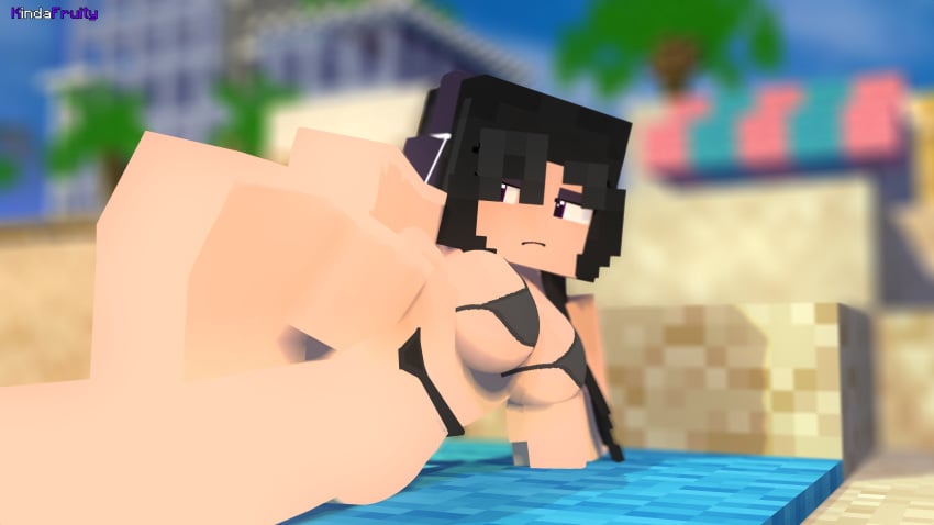 1girls 2022 3d beach bikini black_hair breasts extrafruitygirl fruity_(extrafruitygirl) goth_girl horny looking_back mine-imator minecraft on_towel outside purple_eyes solo swimsuit tagme uninterested