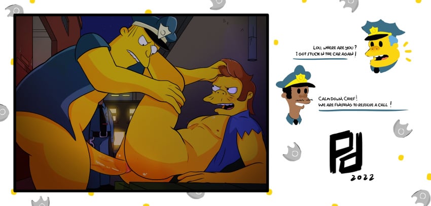 1boy 2boys 3boys anal anal_insertion anal_sex bara bent_over big_ass big_muscles chief_wiggum completely_naked cum cum_in_ass daddy dark-skinned_male dilf eddie_(the_simpsons) ejaculation english_text erection fucked_from_behind gay hand_on_head head_out_of_frame interracial lou_(the_simpsons) male male/male male_focus male_only male_penetrating missionary_position moobs muscle muscles no_visible_genitalia older_male open_mouth pedoroo penis police police_officer police_uniform semen snake_jailbird sunglasses the_simpsons thrusting_into_ass translation_request uncensored yaoi