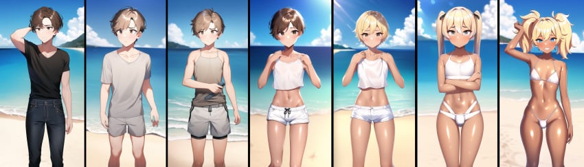 1boy ai_generated ass_expansion beach bikini blonde_hair corruption crop_top crossdressing femboy feminine_male feminization gyaru gyaruo hair_growth male male_only midriff mind_control mm_tfs nai_diffusion navel original pants sequence shirt shorts stable_diffusion swimsuit tan tanned transformation transformation_sequence trap wide_hips