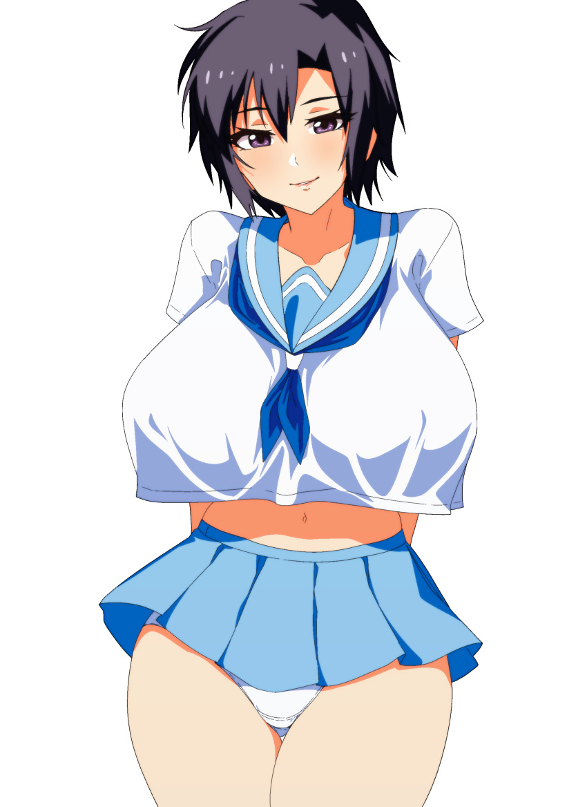 1girls alternate_breast_size arms_behind_back bakunyuu belly_button blank_background blue_neckerchief blue_sailor_collar blue_skirt blush blushing_at_viewer breasts bulging_breasts collarbone cowboy_shot crop_top crotch_seam curvaceous enormous_breasts eye_contact hi_res high_resolution highres hourglass_figure huge_breasts idolmaster idolmaster_(classic) kikuchi_makoto kumako_(kumakonoh) looking_at_viewer makoto_kikuchi massive_breasts matching_hair/eyes matching_hair_and_eye_color microskirt miniskirt navel neckerchief panties pantyshot pantyshot_(standing) plain_background pleated_skirt purple_eyes purple_eyes_female purple_hair purple_hair_female sailor_collar school_uniform schoolgirl schoolgirl_uniform serafuku shirt short_hair short_purple_hair short_skirt short_sleeves simple_background skirt smile smiling_at_viewer solid_color_background solo solo_female standing thigh_gap underwear very_short_skirt voluptuous white_background white_crop_top white_panties white_serafuku white_shirt white_underwear