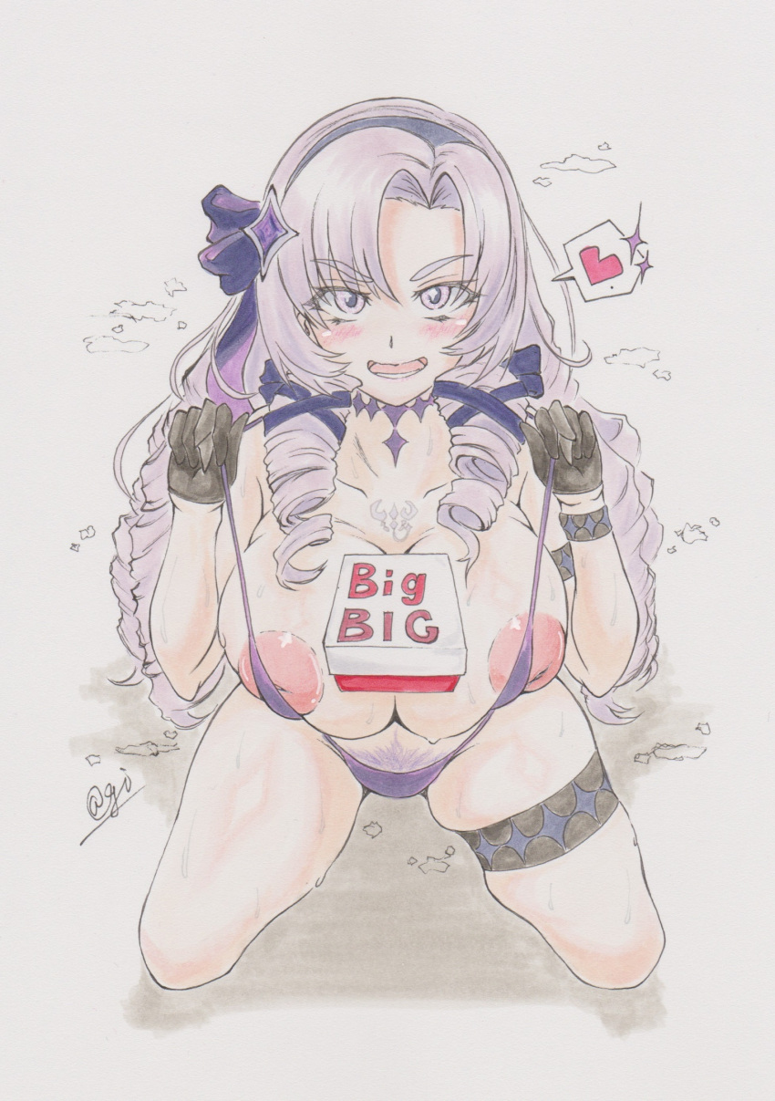 @gi agi_(gi60423540) bikini black_gloves blue_ribbon blush bow breasts cleavage colored_pencil_(medium) drill_hair female from_above gloves hair_ribbon hairband hairbow heart highres hyakumantenbara_salome inverted_nipples kneeling large_areolae large_breasts long_hair looking_at_viewer lower_teeth nijisanji nipples open_mouth pubic_hair puffy_nipples purple_bow purple_hairband ribbon signature simple_background slave_tattoo slingshot_swimsuit solo spoken_heart swimsuit tattoo teeth traditional_media twin_drills virtual_youtuber white_background