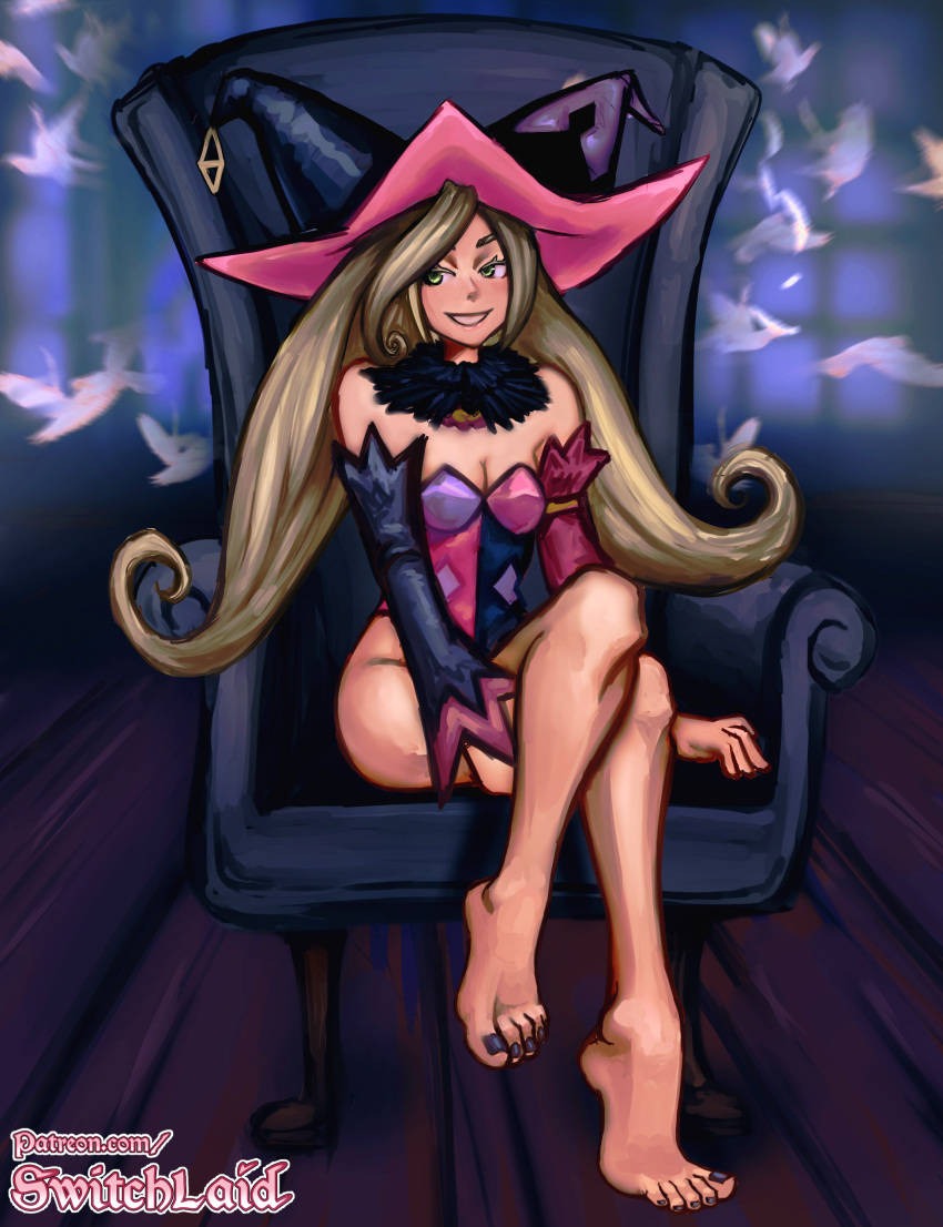 1girls arm_warmers barefoot blonde_hair chair clothed clothes feet foot_fetish gloves green_eyes magilou_(tales) neck_tuft sitting small_breasts smiling solo switchlaid tagme tales_of_(series) tales_of_berseria throne toes witch_hat