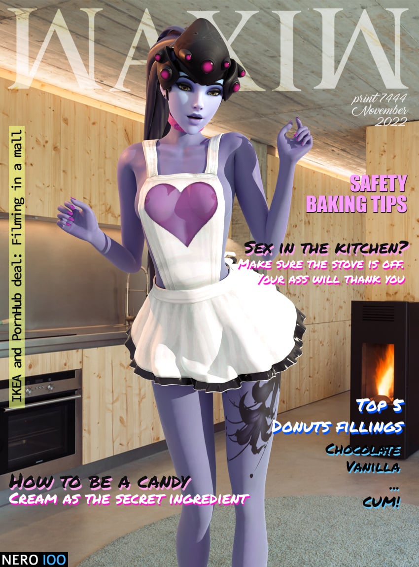 1girls 3d apron blender blizzard_entertainment breasts chest collar dark_hair female female_only front_page hi_res legs lipstick magazine magazine_front_page makeup medium_breasts nails naked naked_apron nero100 nipples no_pants nude nudity overwatch overwatch_2 pose purple_hair purple_skin solo solo_female thighs topless waxiw widowmaker