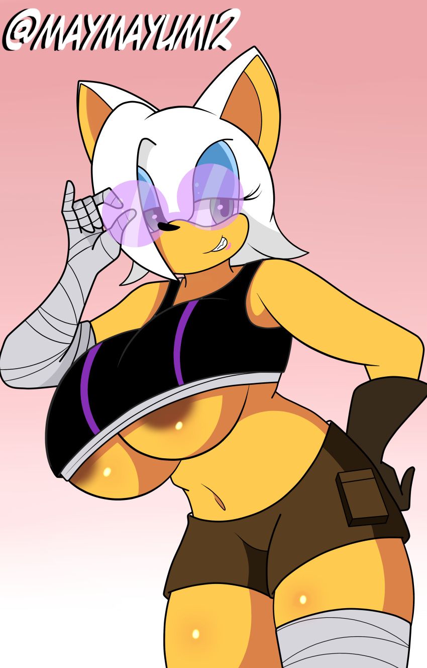 1girls abdomen adventurer animal anthro areolae bandage bat bat_ears bat_girl big_breasts breasts busty clothed female female glasses huge_breasts large_breasts lipstick makeup maymayumi2 rouge_the_bat sega simple_background smiling sonic_(series) sonic_the_hedgehog_(series) tagme thick thick_thighs thighs visible_areolae