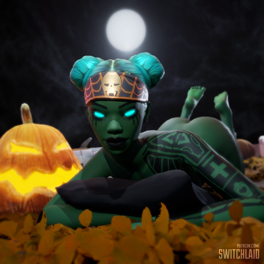 3d alternate_costume apex_legends blue_hair buns dark_skin double_bun eyeliner feet foot_fetish glowing_eyes green_skin hair_bun halloween headband jack-o'-lantern lifeline_(apex_legends) makeup pillow soles switchlaid tattoos the_pose