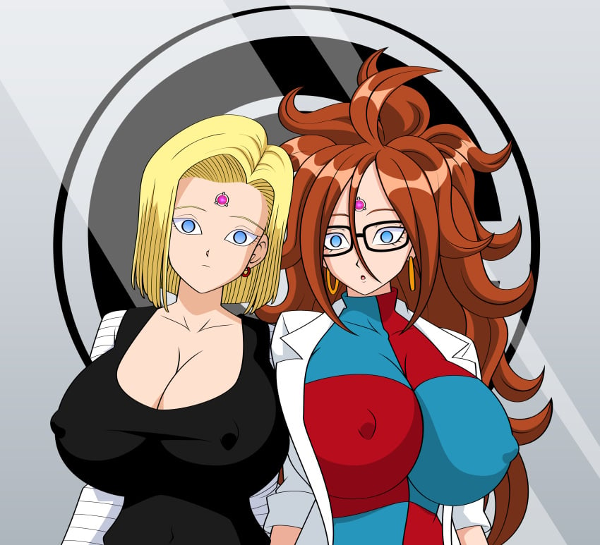 2girls absurdres android_18 android_21 android_21_(human) blonde_hair blue_eyes brainwashed brainwashing breasts cleavage dragon_ball drone droneification empty_eyes expressionless female female_only femsub hypnosis identity_death jimryu large_breasts long_hair microchip mind_control multiple_girls open_mouth short_hair tech_control vomi_(dragon_ball)